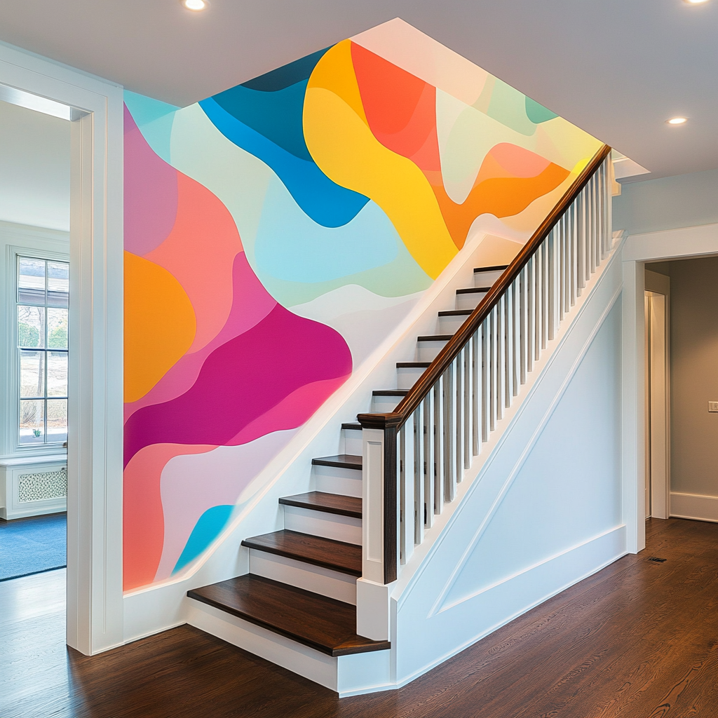 Graffiti colorido de ondas en la escalera de una casa